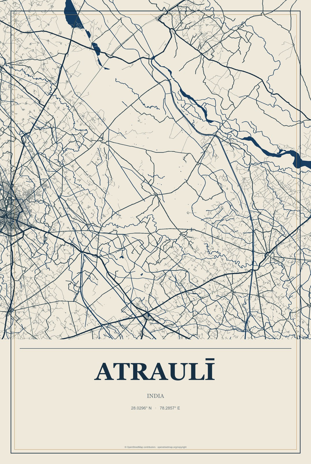 Atraulī, India City Map Aluminum Sign in Coastal Cutout style