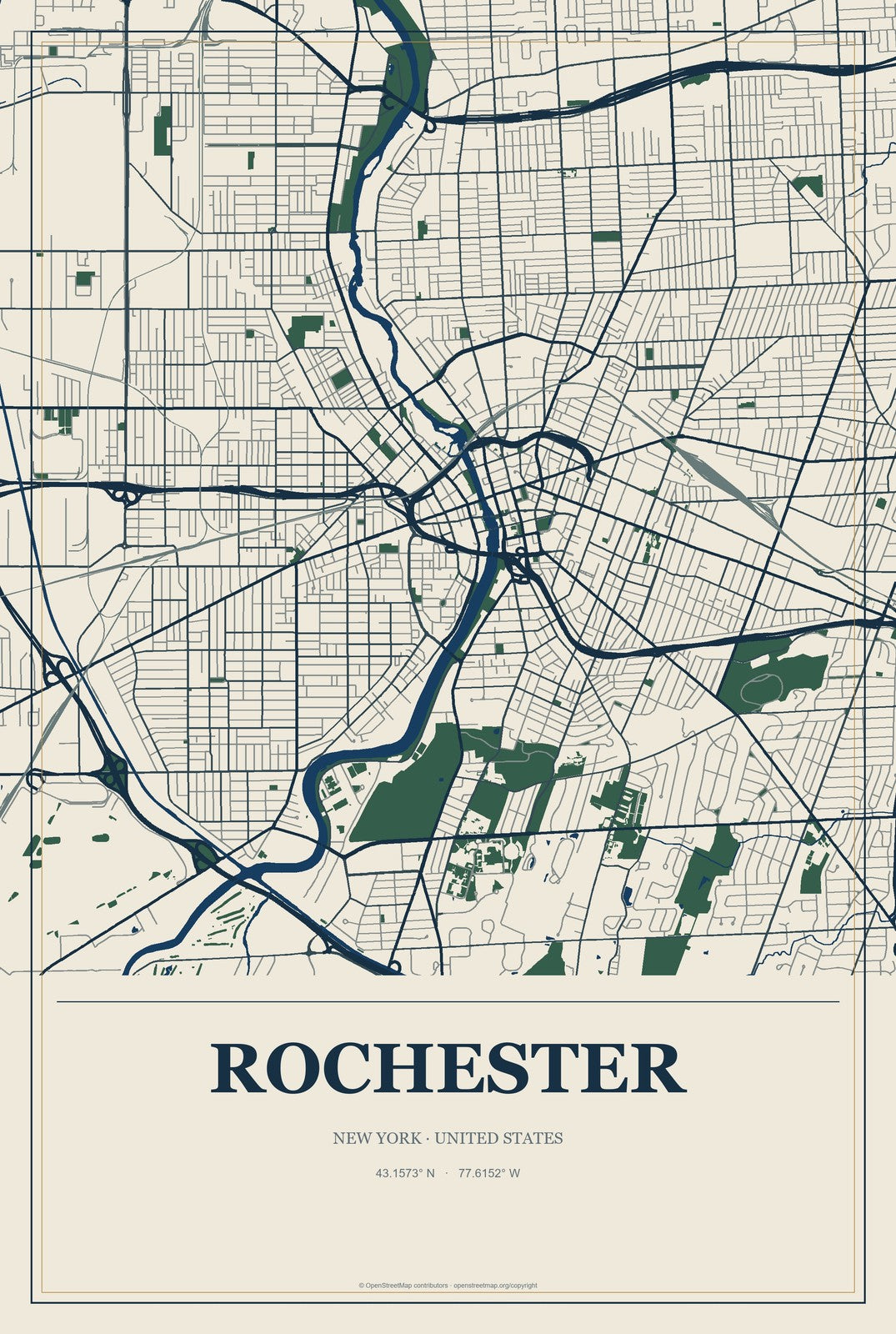 Rochester, New York City Map Aluminum Sign in Coastal Cutout style