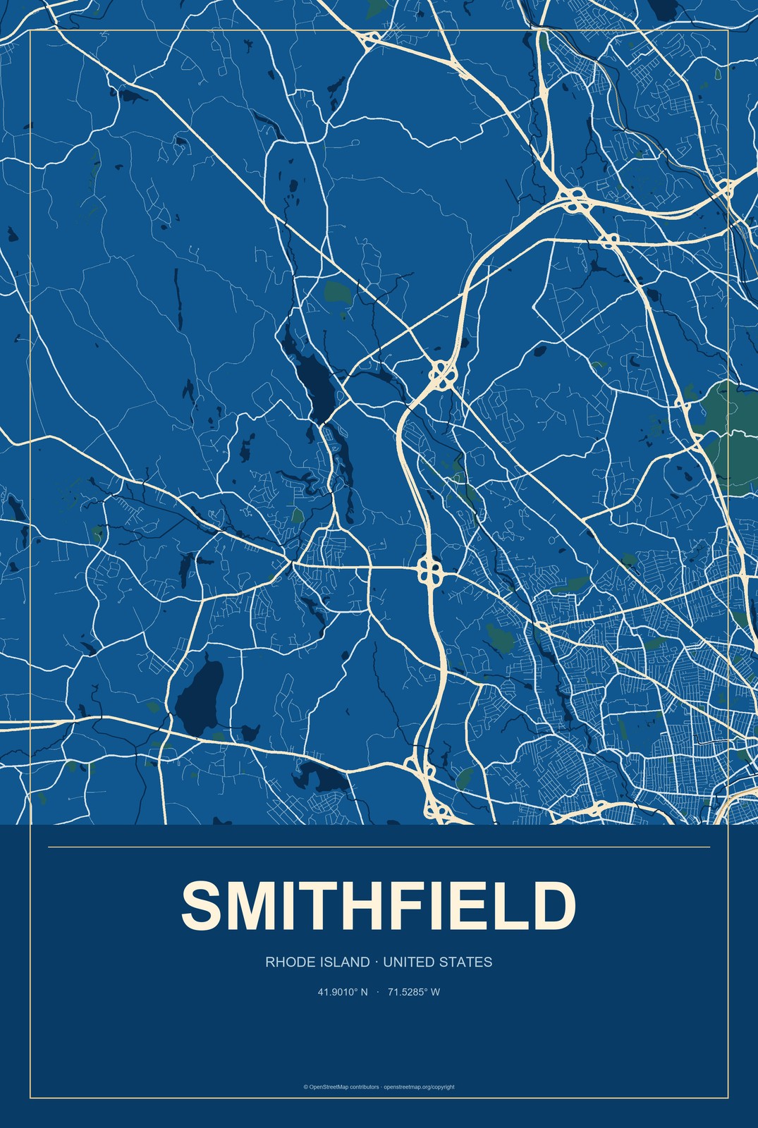 Smithfield, Rhode Island City Map Aluminum Sign in Harbor Cobalt style