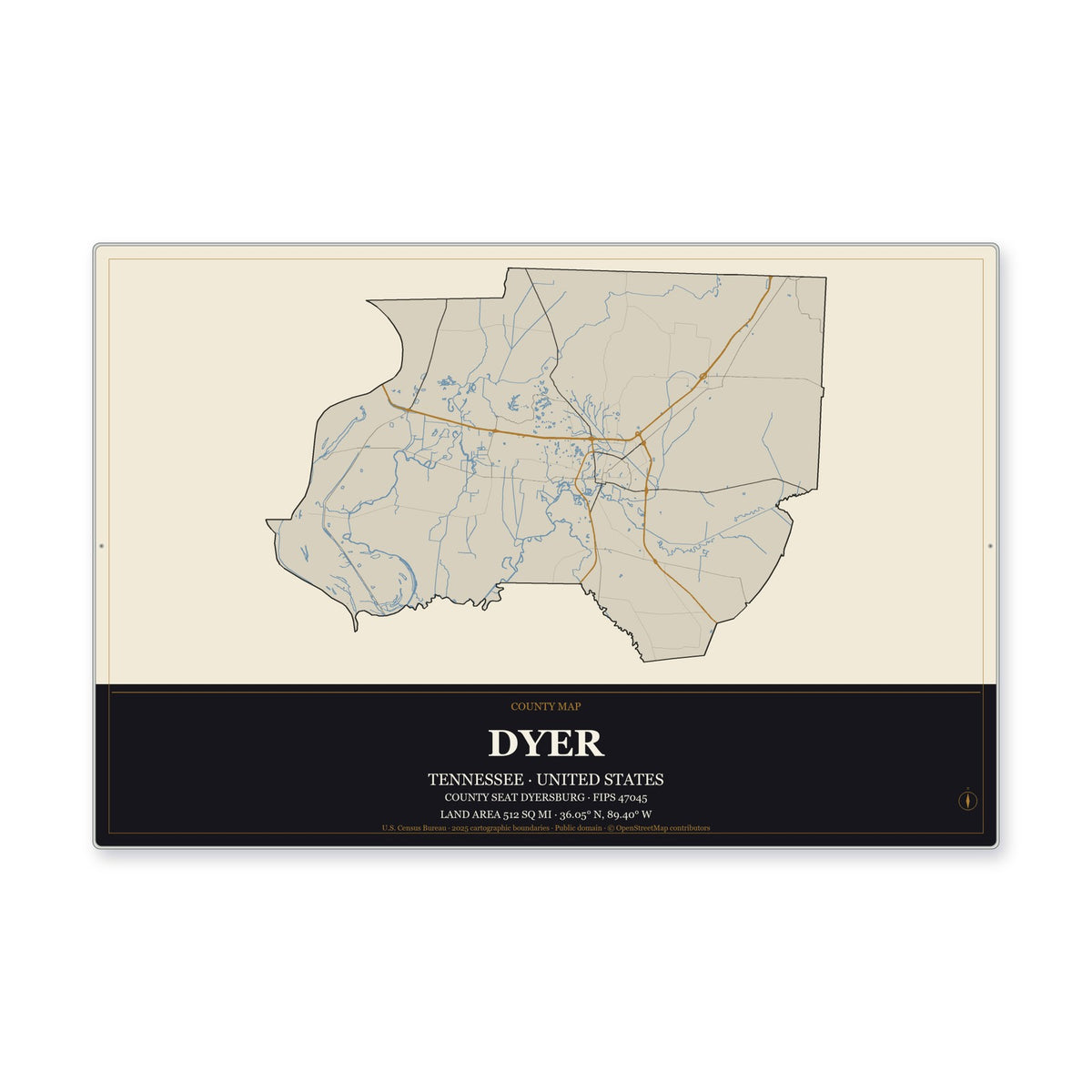 Dyer County, Tennessee Map Aluminum Sign in Museum Plaque style
