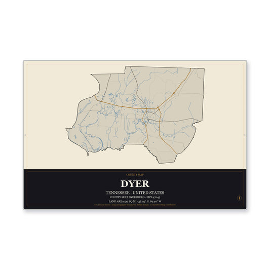 Dyer County, Tennessee Map Aluminum Sign in Museum Plaque style