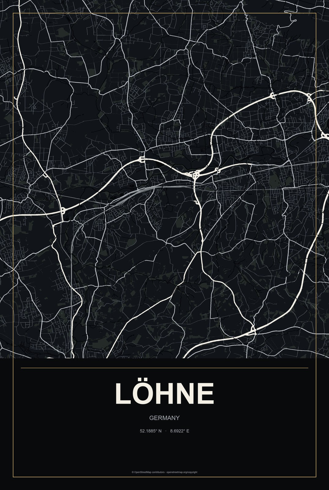 Löhne, Germany City Map Aluminum Sign in Metropolitan Noir style