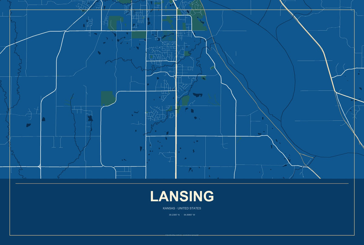 Lansing, Kansas City Map Aluminum Sign in Harbor Cobalt style