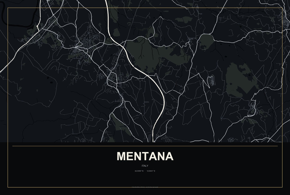 Mentana, Italy City Map Aluminum Sign in Metropolitan Noir style