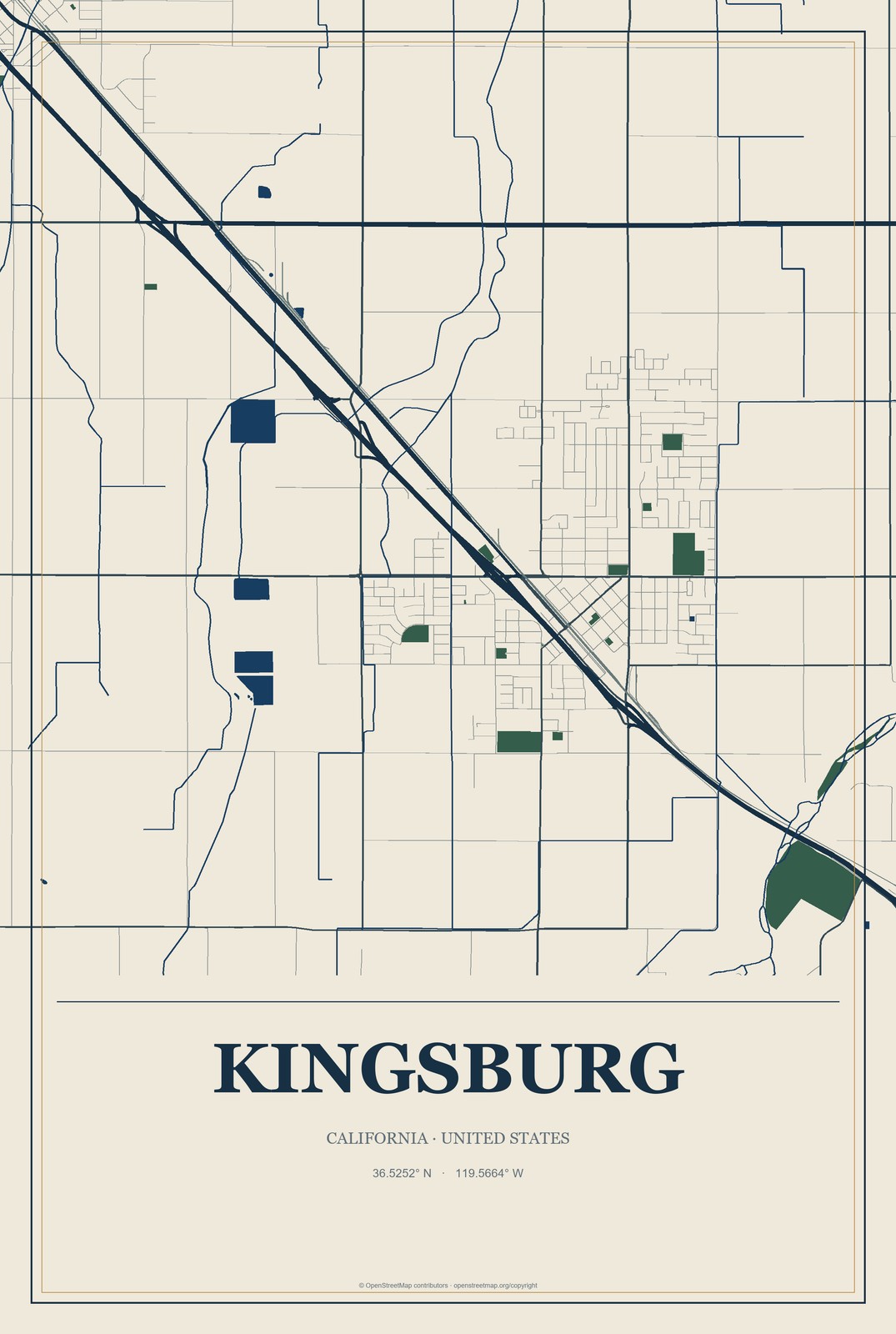 Kingsburg, California City Map Aluminum Sign in Coastal Cutout style
