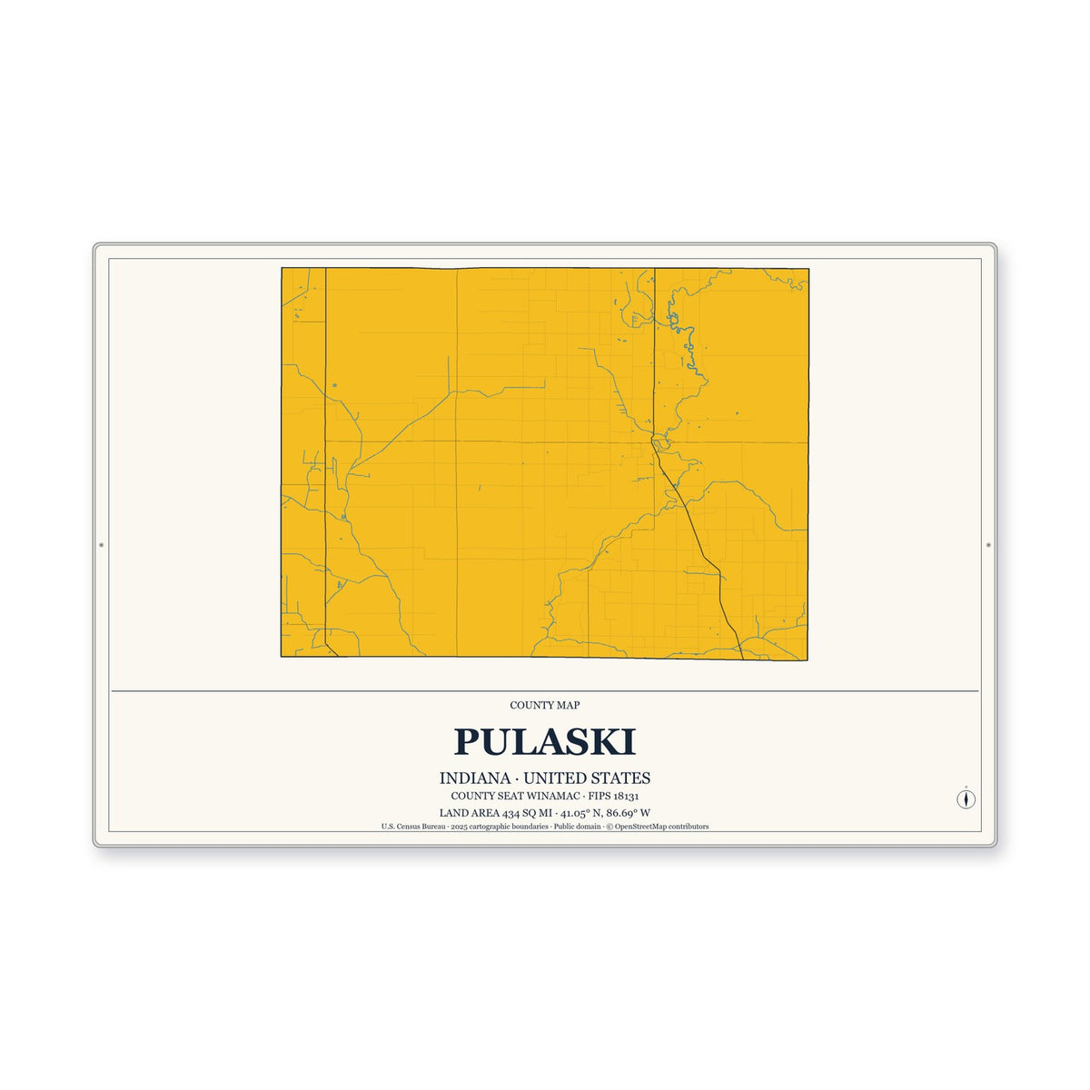 Pulaski County, Indiana Map Aluminum Sign in Citrine Modern style