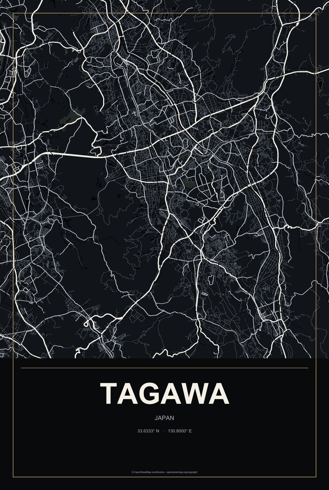 Tagawa, Japan City Map Aluminum Sign in Metropolitan Noir style