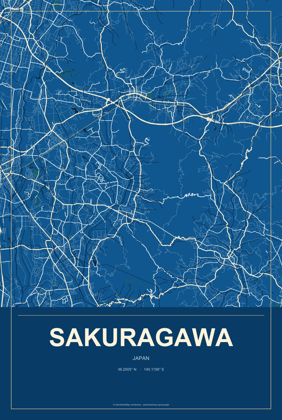 Sakuragawa, Japan City Map Aluminum Sign in Harbor Cobalt style