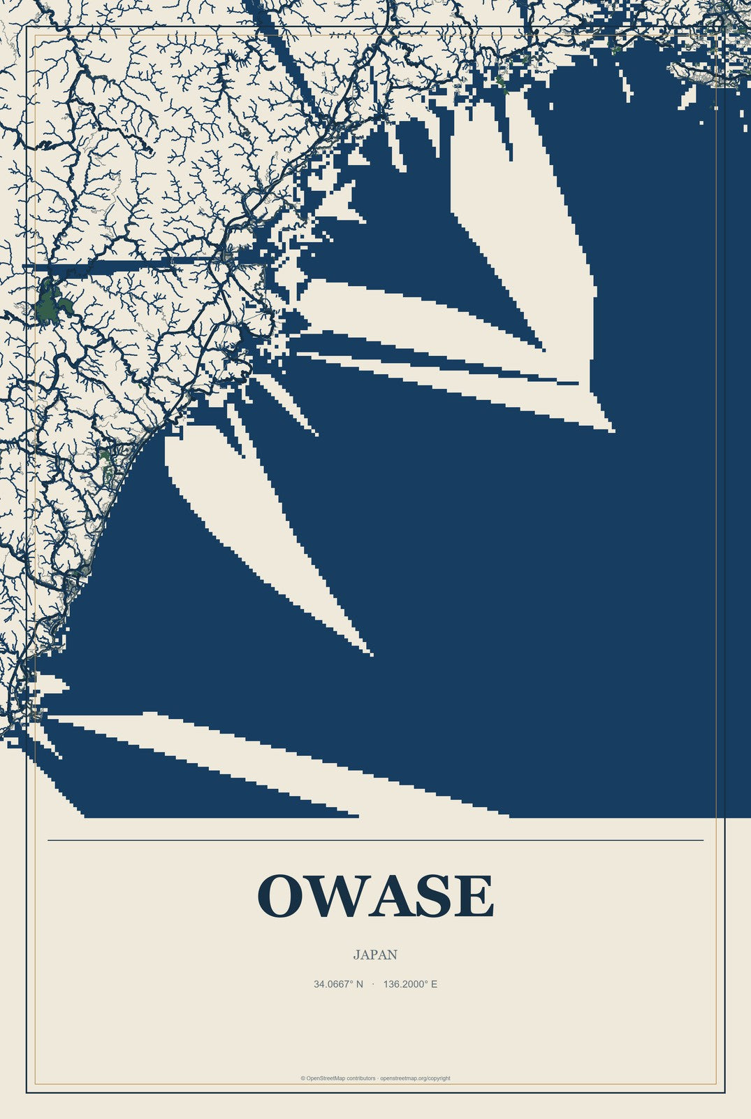 Owase, Japan City Map Aluminum Sign in Coastal Cutout style