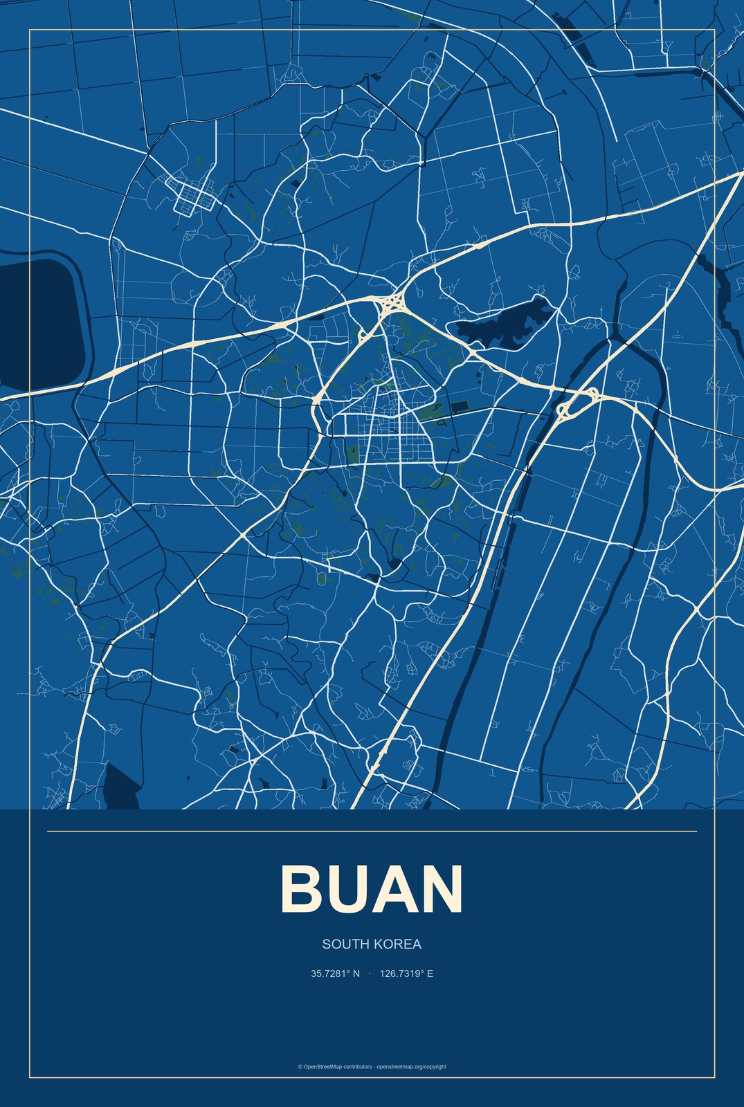 Buan, South Korea City Map Aluminum Sign in Harbor Cobalt style