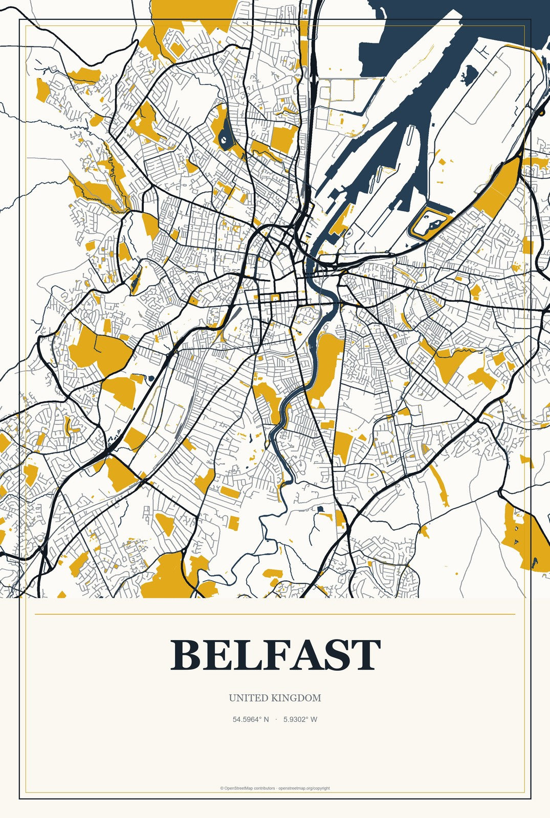 Belfast, United Kingdom City Map Aluminum Sign in Citrine Modern style