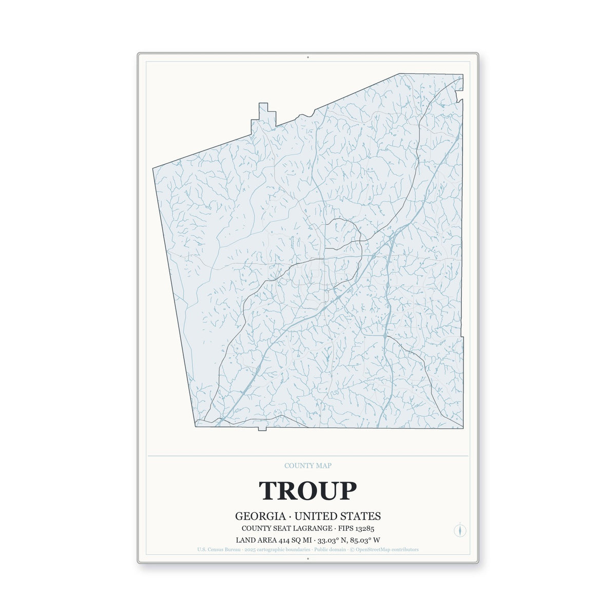 Troup County, Georgia Map Aluminum Sign in Gallery Air style