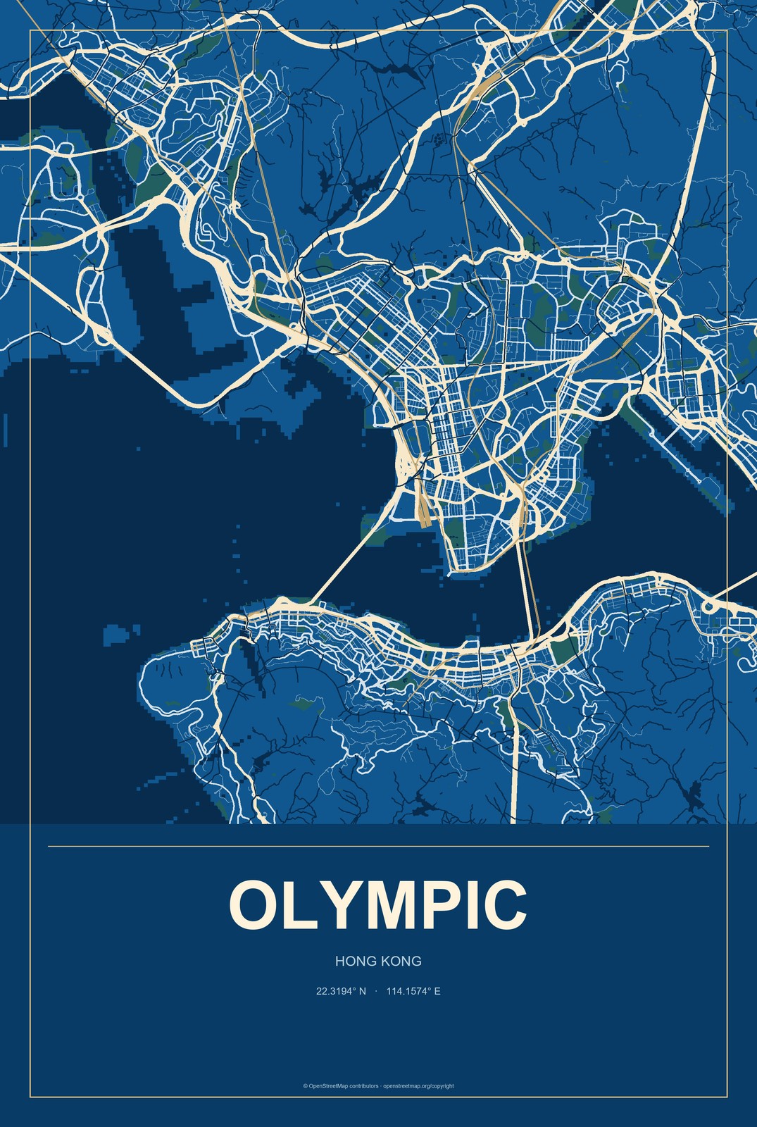 Olympic, Hong Kong City Map Aluminum Sign in Harbor Cobalt style