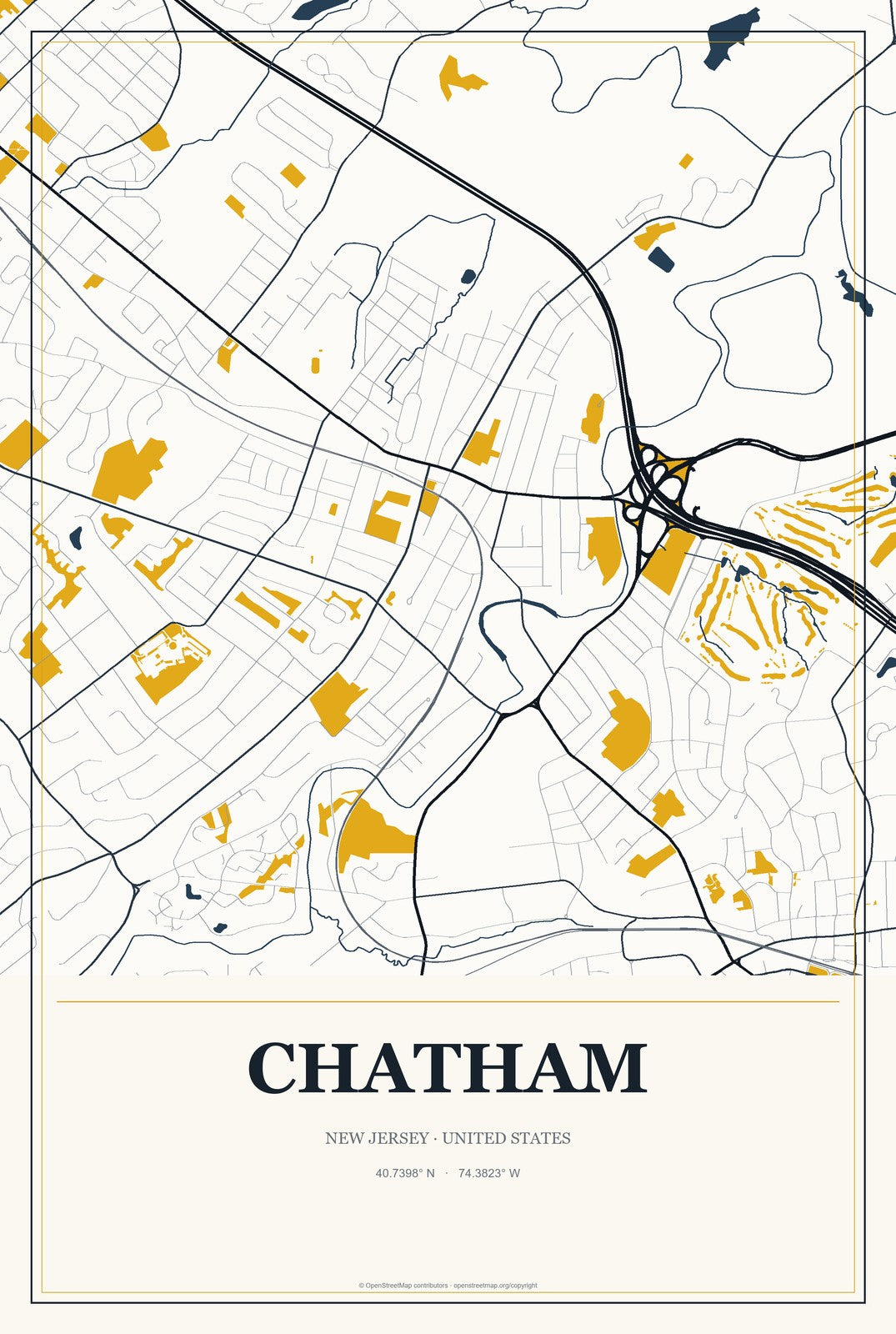 Chatham, New Jersey City Map Aluminum Sign in Citrine Modern style