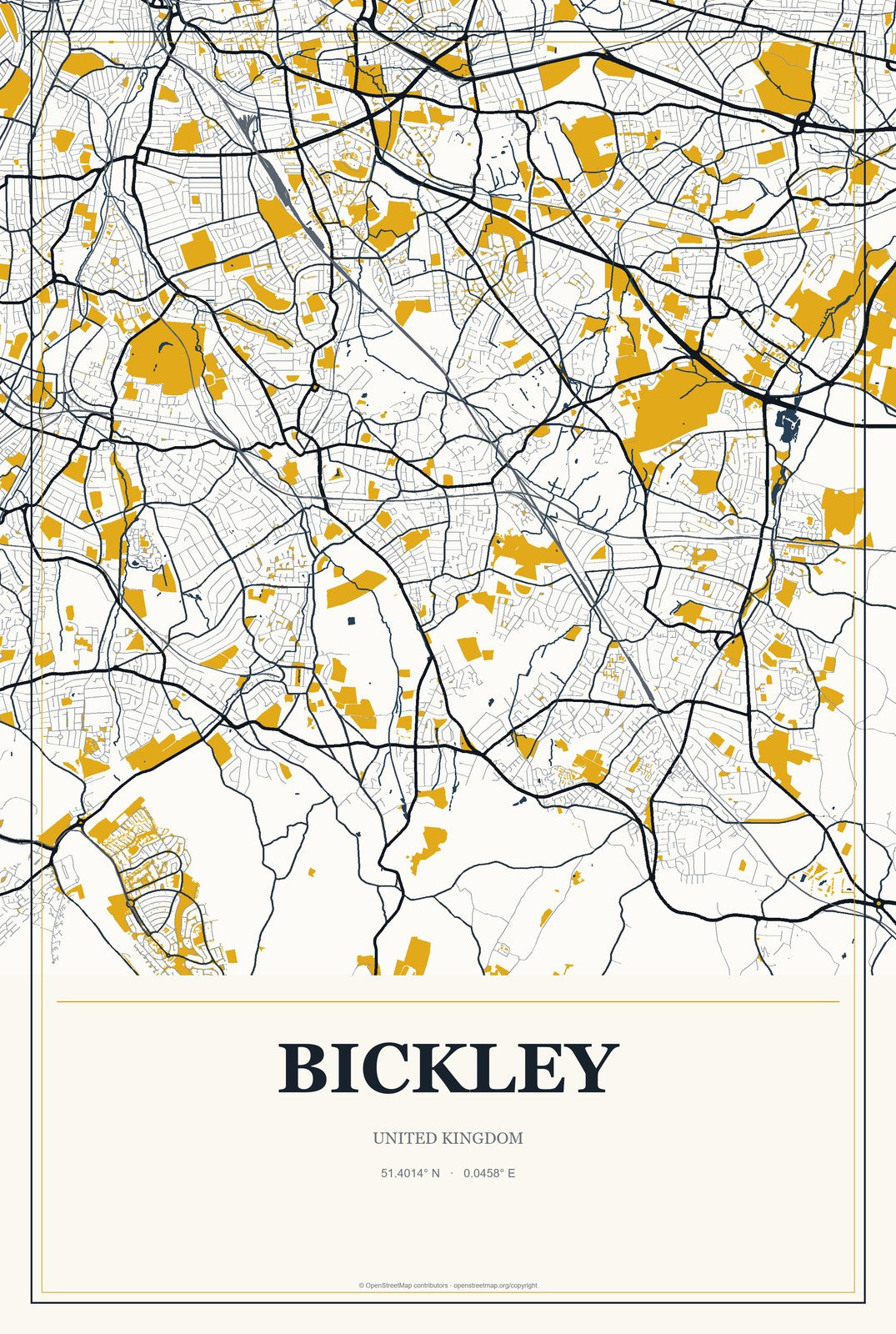 Bickley, United Kingdom City Map Aluminum Sign in Citrine Modern style