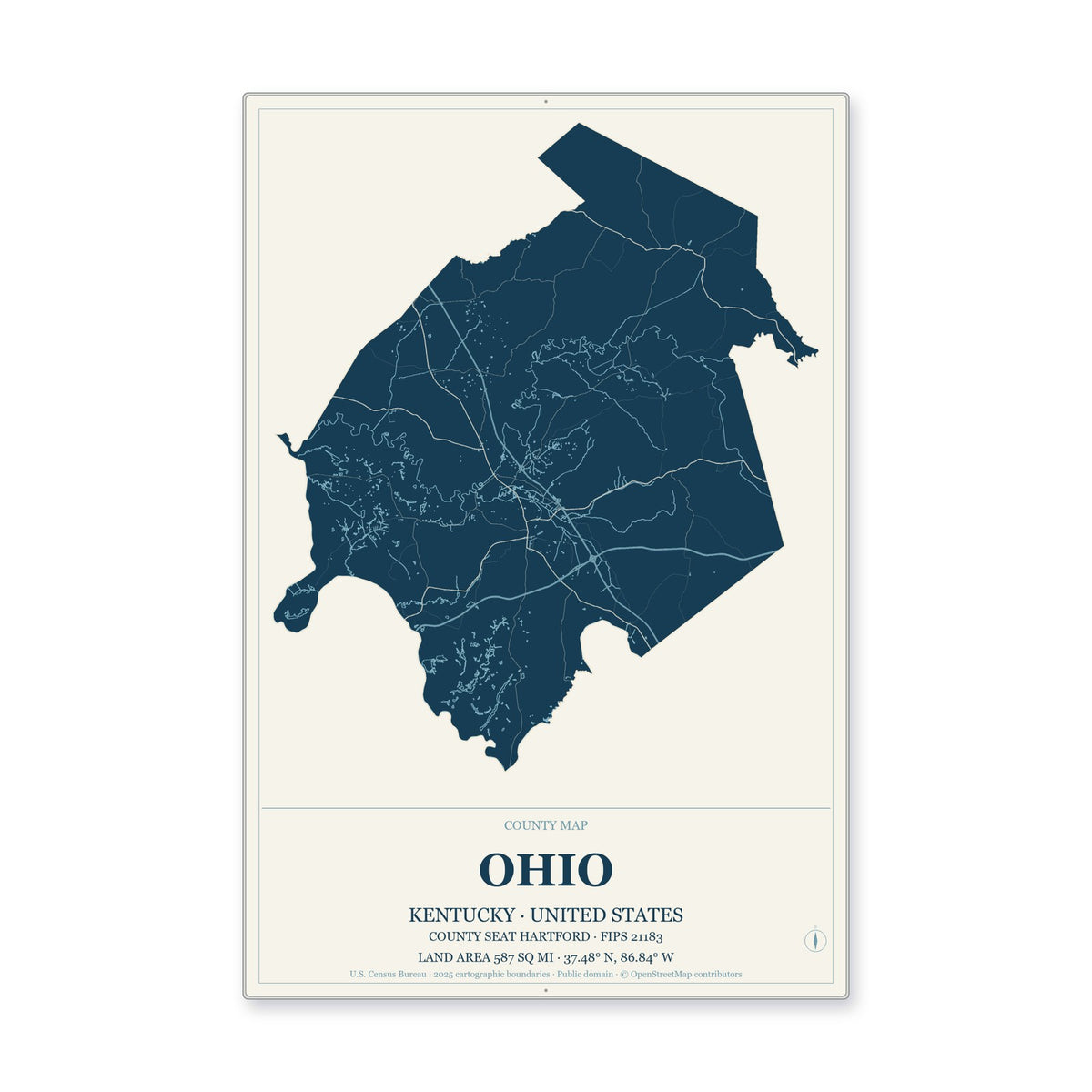 Ohio County, Kentucky Map Aluminum Sign in Coastal Cutout style