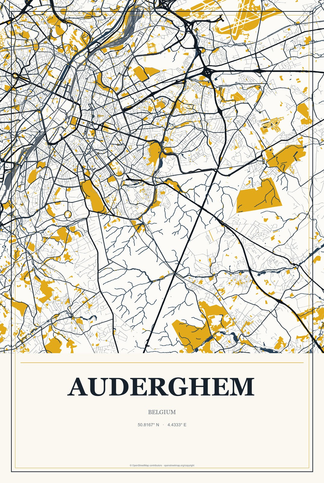 Auderghem, Belgium City Map Aluminum Sign in Citrine Modern style