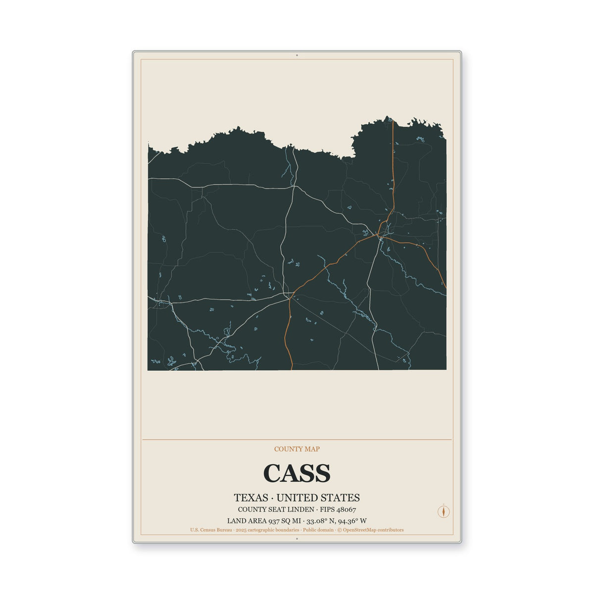 Cass County, Texas Map Aluminum Sign in Headline Atlas style