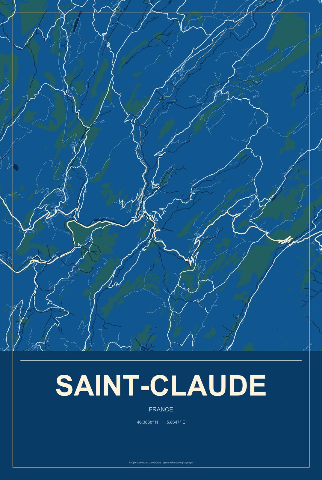 Saint-Claude, France City Map Aluminum Sign in Harbor Cobalt style