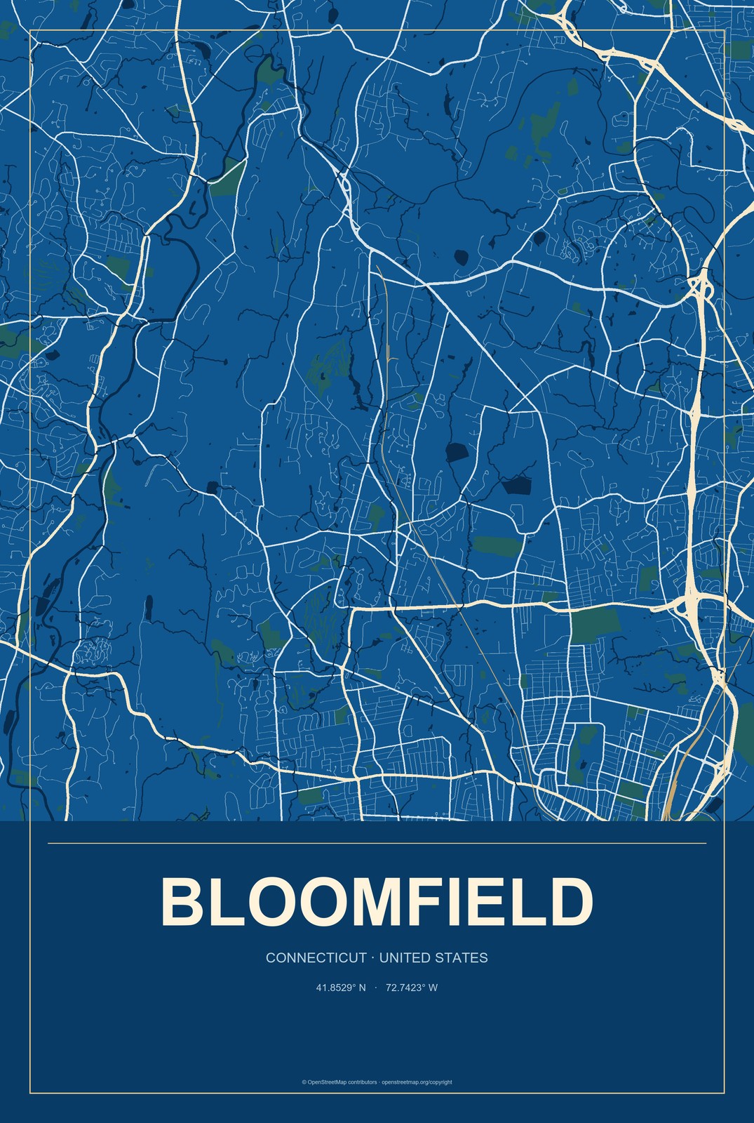 Bloomfield, Connecticut City Map Aluminum Sign in Harbor Cobalt style