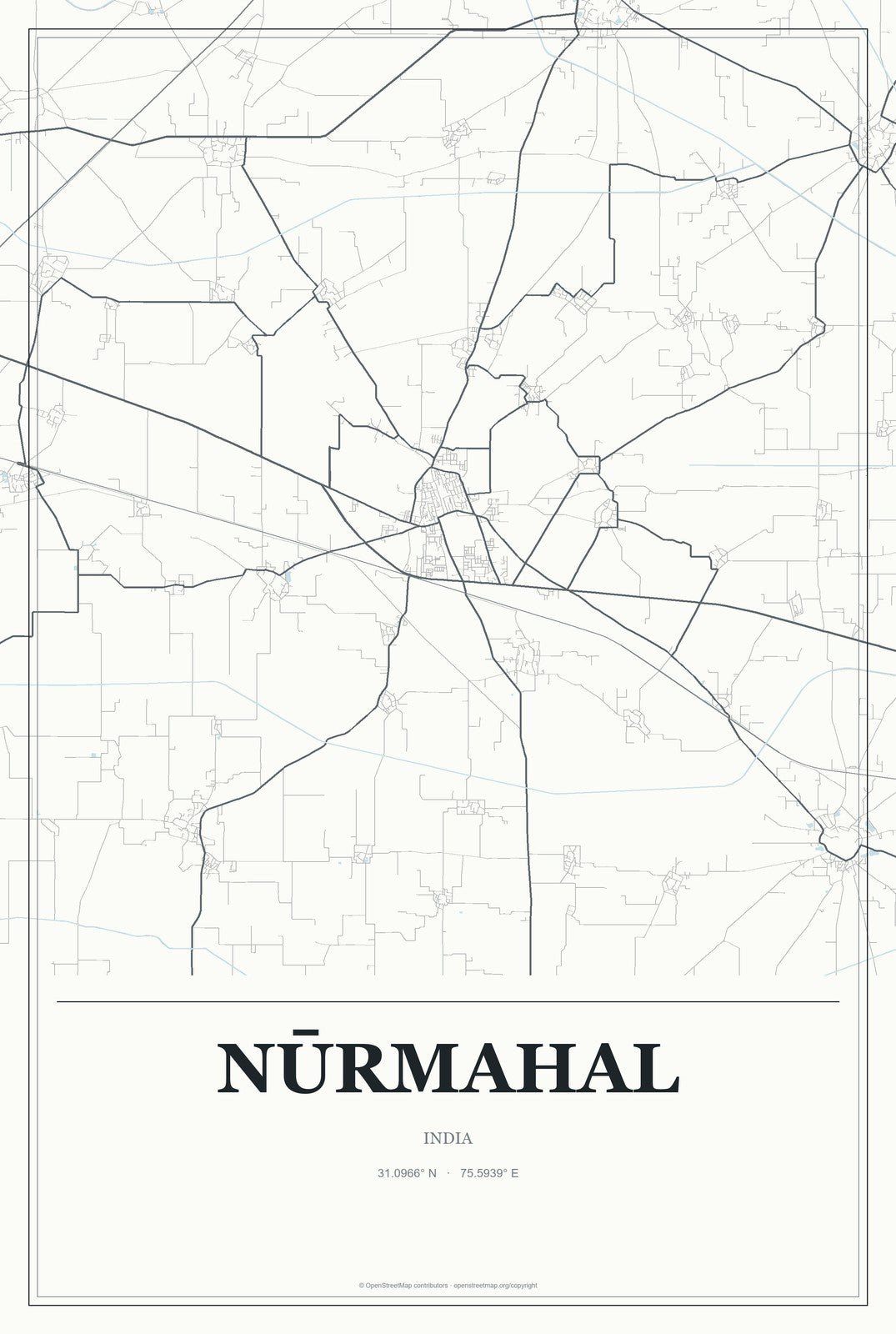 Nūrmahal, India City Map Aluminum Sign in Gallery Air style