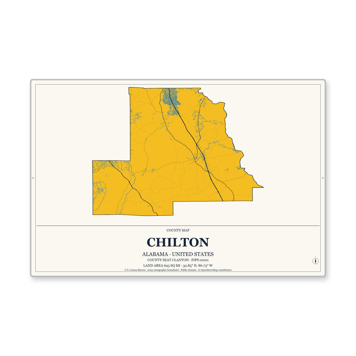 Chilton County, Alabama Map Aluminum Sign in Citrine Modern style