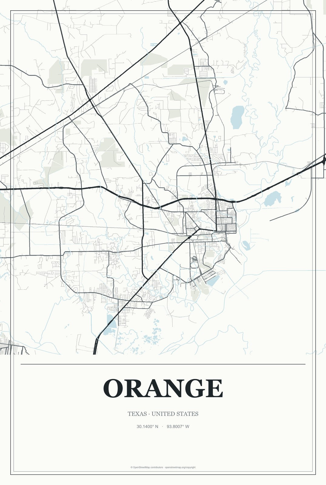Orange, Texas City Map Aluminum Sign in Gallery Air style