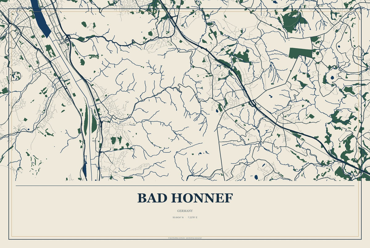 Bad Honnef, Germany City Map Aluminum Sign in Coastal Cutout style