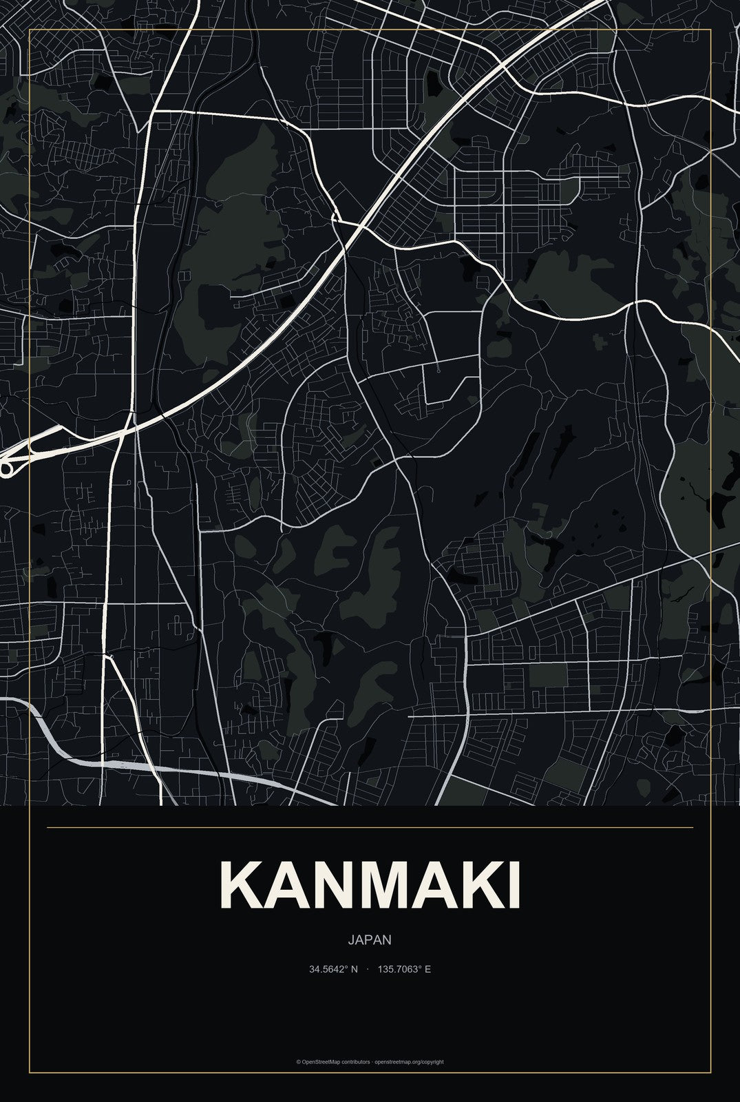 Kanmaki, Japan City Map Aluminum Sign in Metropolitan Noir style