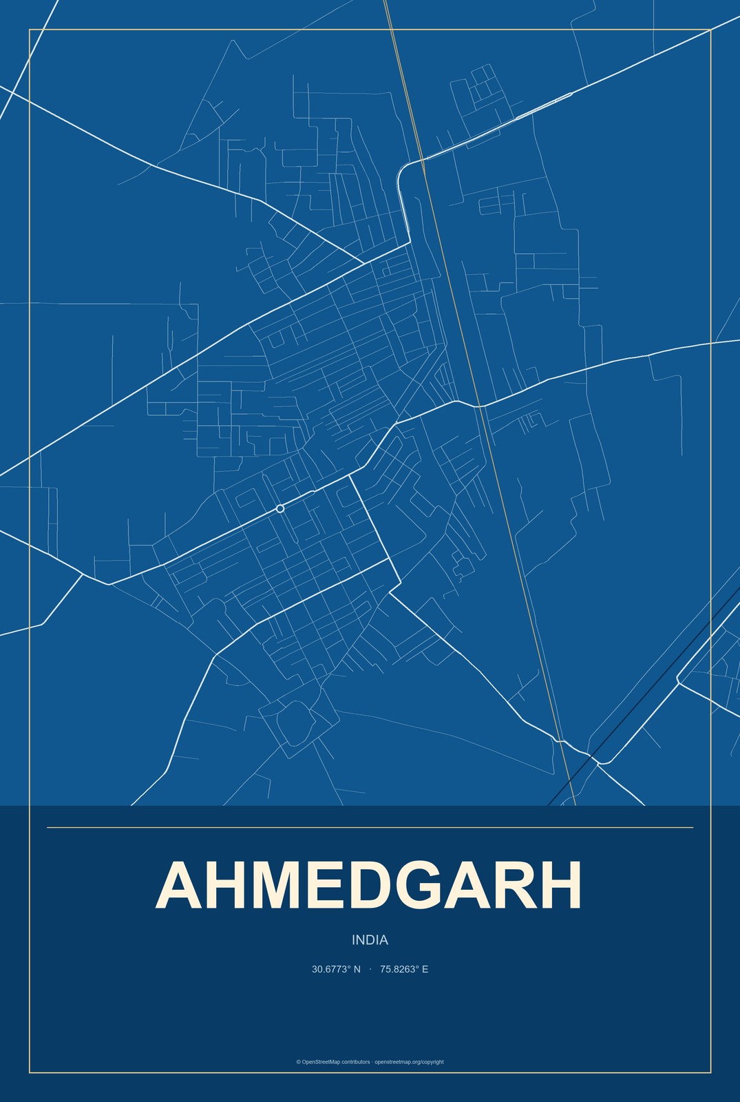Ahmedgarh, India City Map Aluminum Sign in Harbor Cobalt style