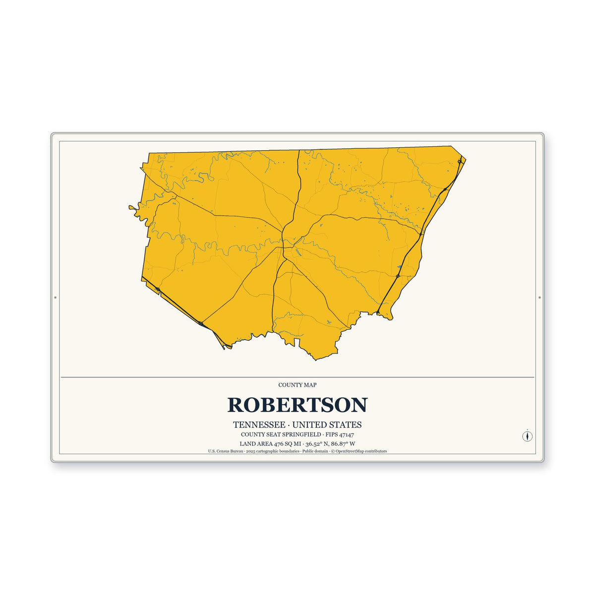 Robertson County, Tennessee Map Aluminum Sign in Citrine Modern style