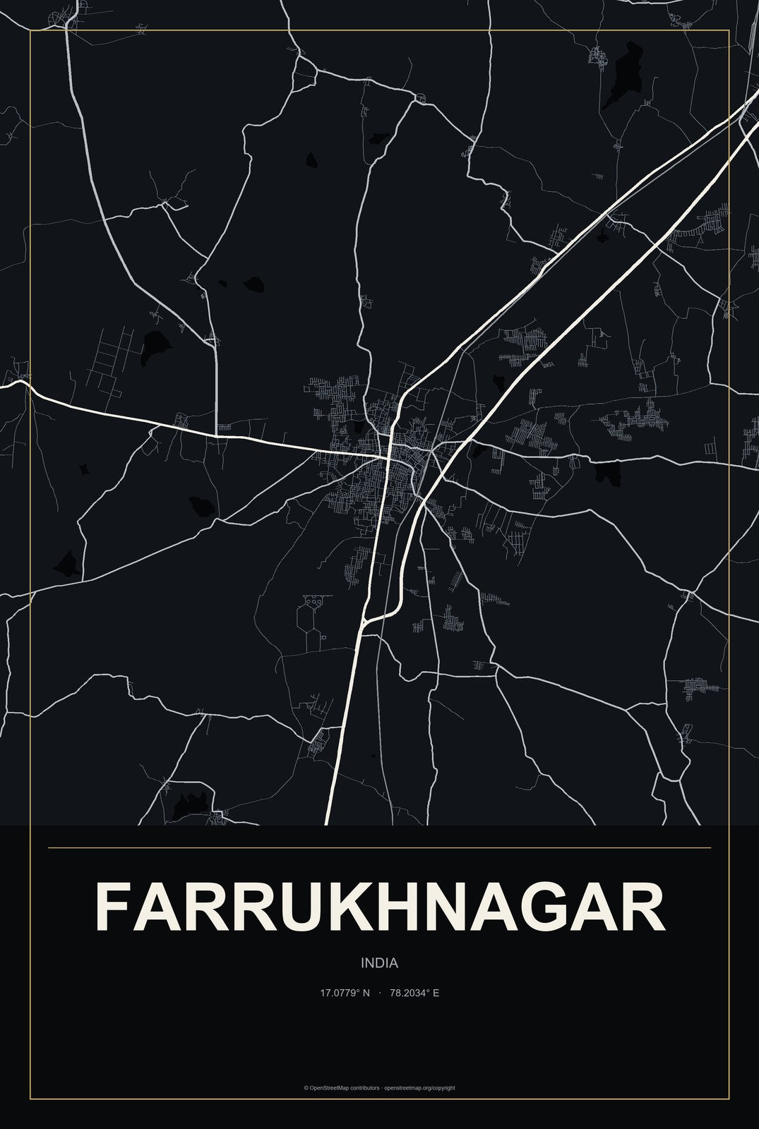Farrukhnagar, Telangana, India City Map Aluminum Sign in Metropolitan Noir style