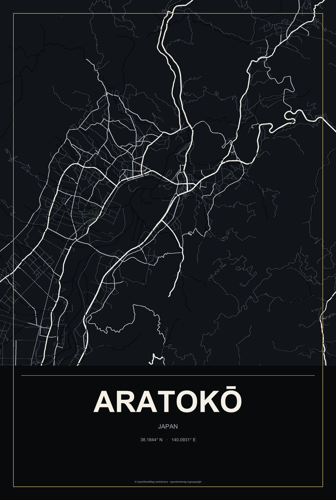 Aratokō, Japan City Map Aluminum Sign in Metropolitan Noir style
