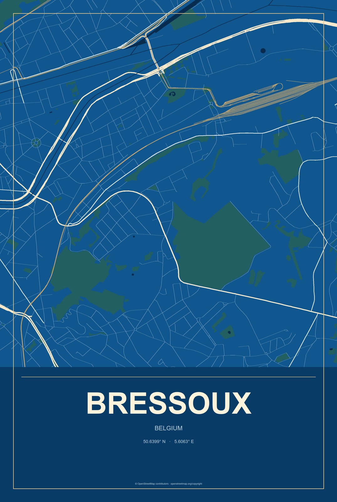 Bressoux, Belgium City Map Aluminum Sign in Harbor Cobalt style