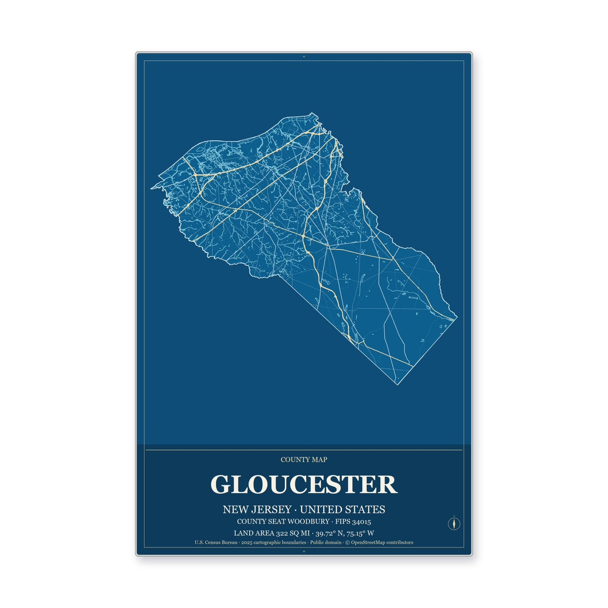 Gloucester County, New Jersey Map Aluminum Sign in Harbor Cobalt style