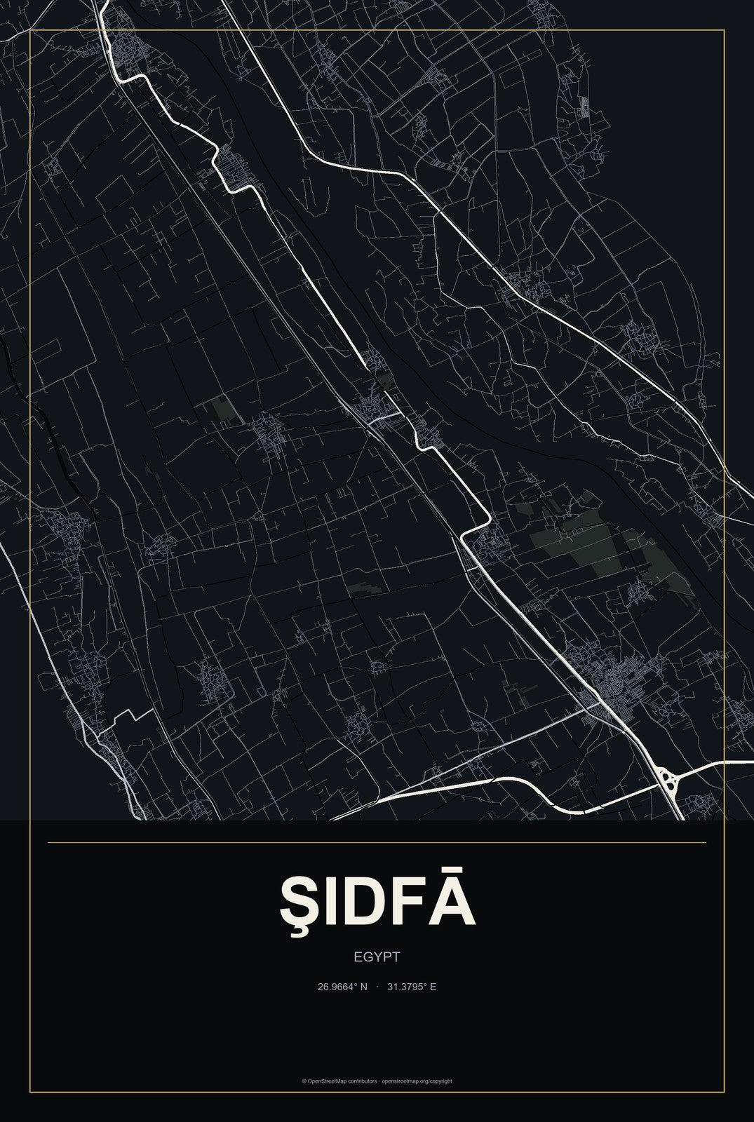 Şidfā, Egypt City Map Aluminum Sign in Metropolitan Noir style