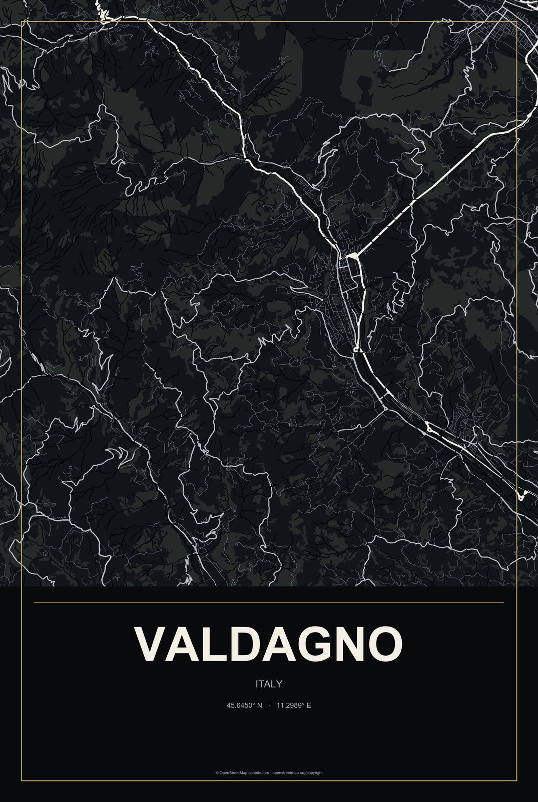 Valdagno, Italy City Map Aluminum Sign in Metropolitan Noir style