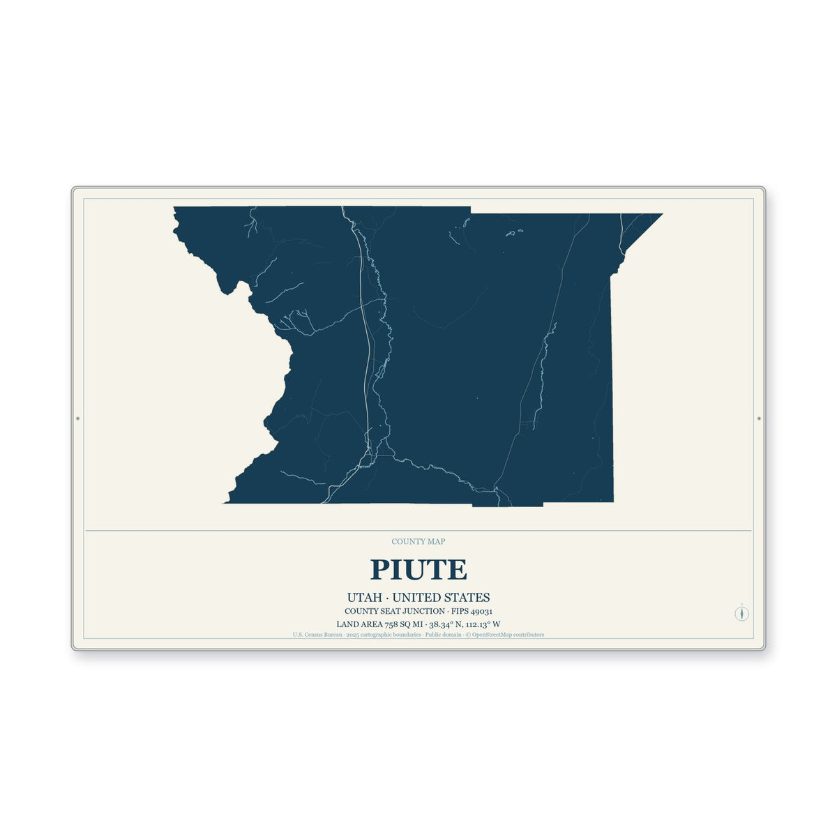 Piute County, Utah Map Aluminum Sign in Coastal Cutout style