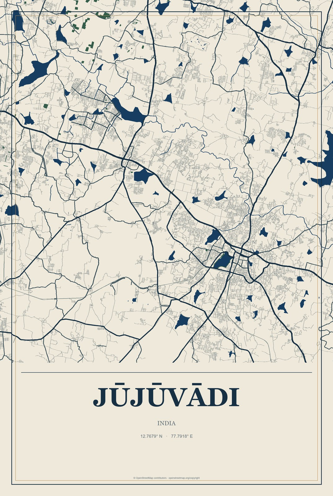 Jūjūvādi, India City Map Aluminum Sign in Coastal Cutout style