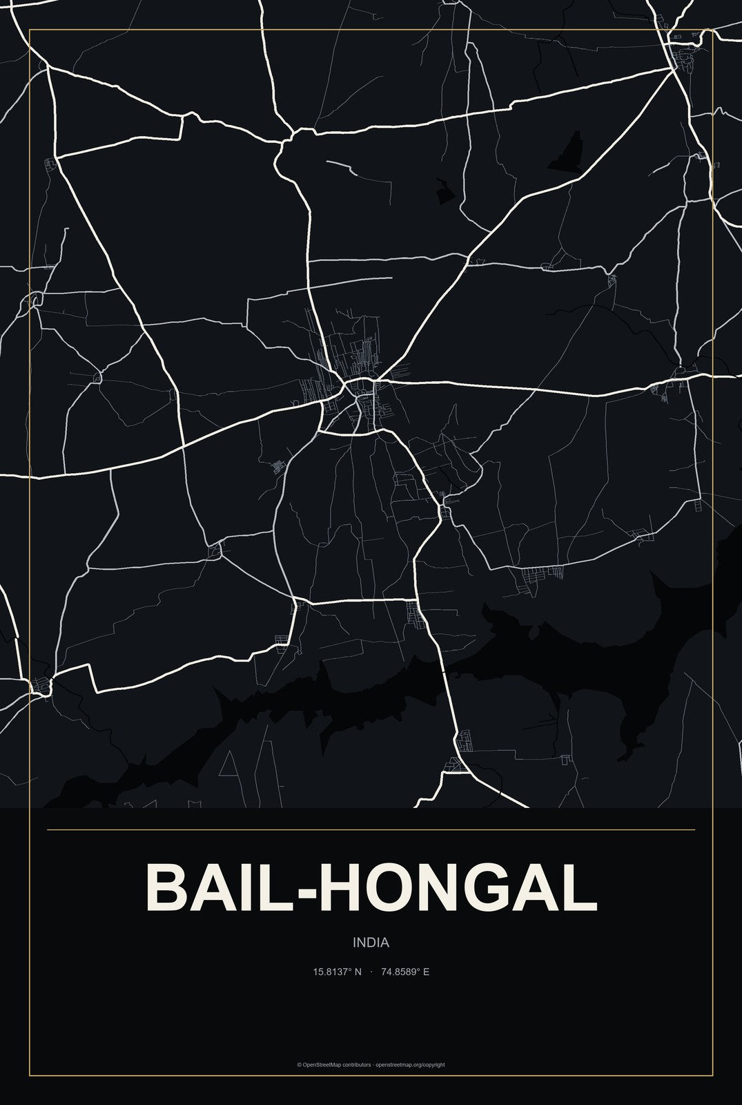 Bail-Hongal, India City Map Aluminum Sign in Metropolitan Noir style