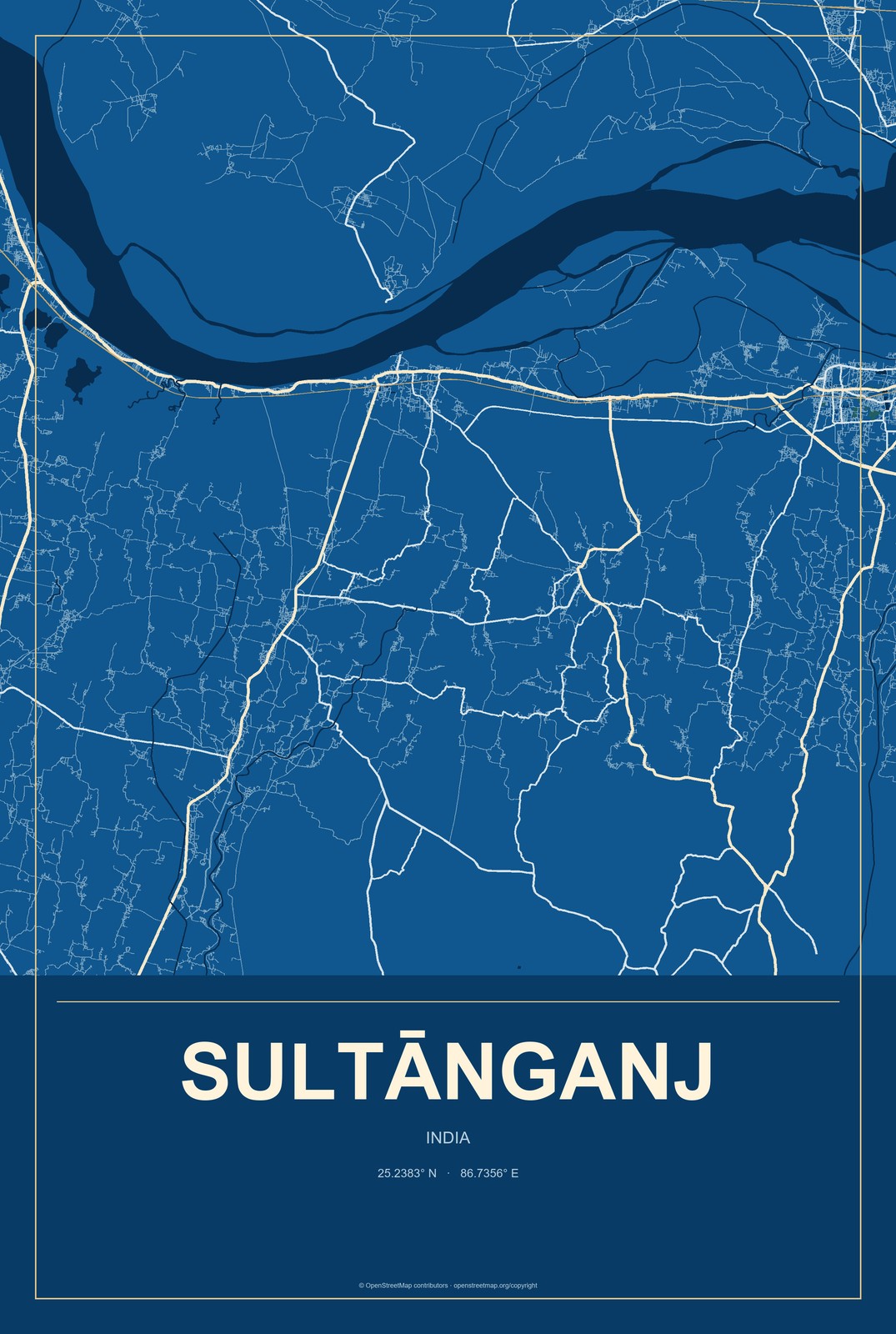 Sultānganj, India City Map Aluminum Sign in Harbor Cobalt style