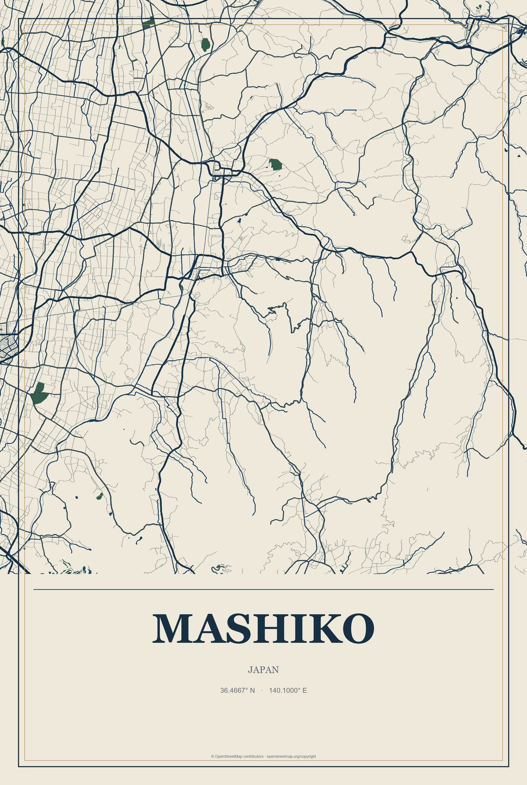 Mashiko, Japan City Map Aluminum Sign in Coastal Cutout style