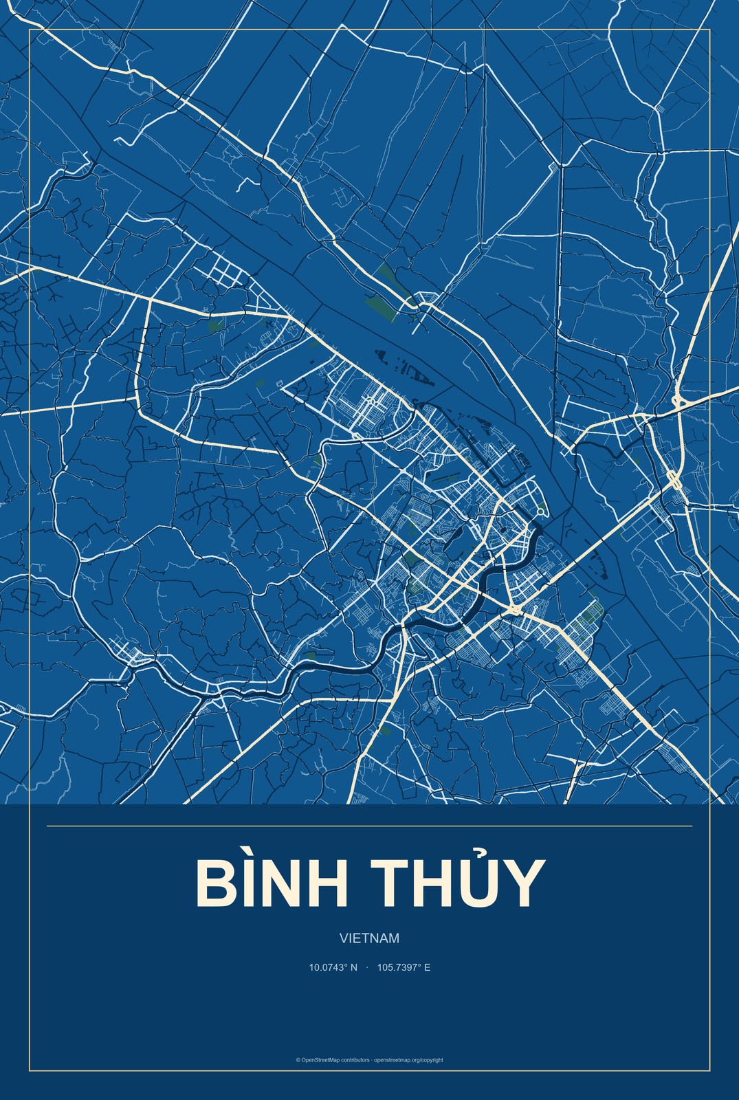 Bình Thủy, Vietnam City Map Aluminum Sign in Harbor Cobalt style
