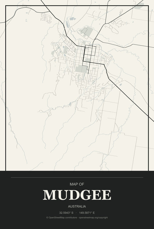 Mudgee, Australia City Map Aluminum Sign in Museum Plaque style