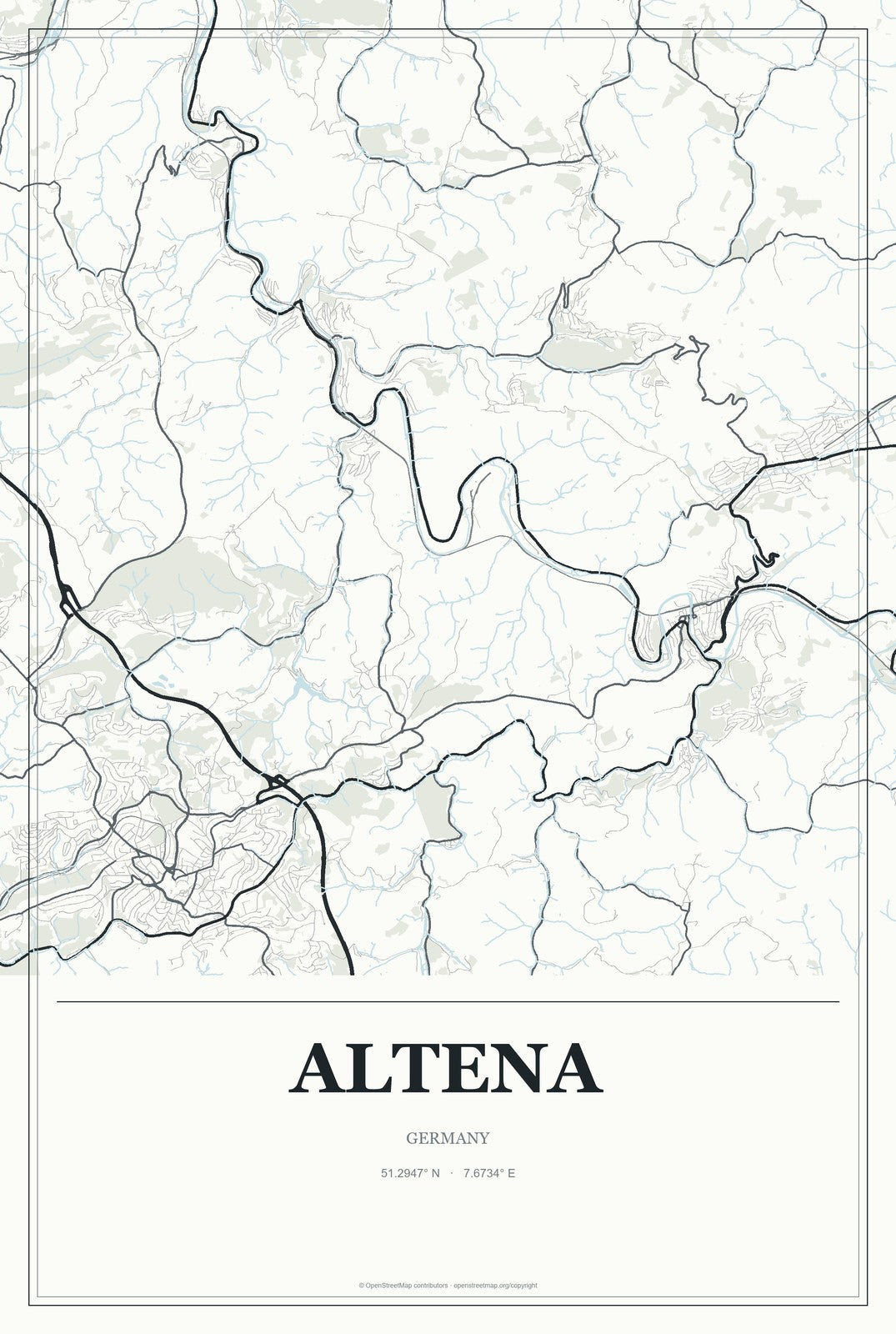 Altena, Germany City Map Aluminum Sign in Gallery Air style