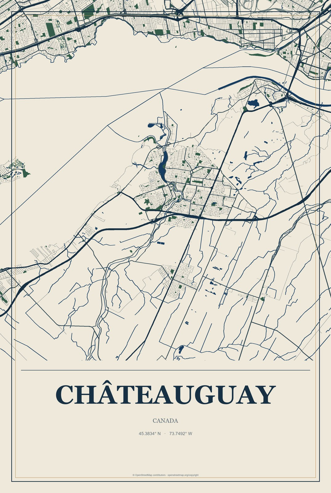 Châteauguay, Canada City Map Aluminum Sign in Coastal Cutout style