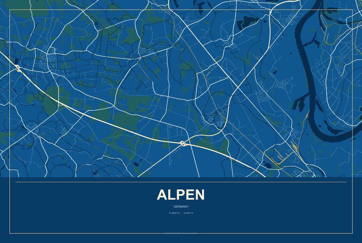 Alpen, Germany City Map Aluminum Sign in Harbor Cobalt style