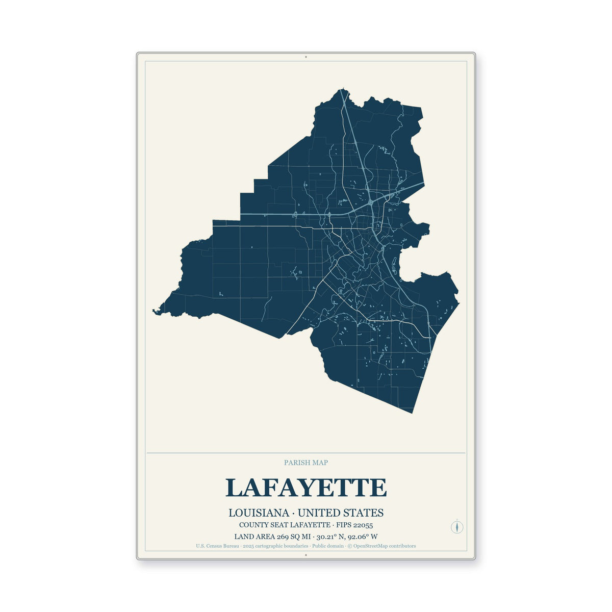Lafayette Parish, Louisiana Map Aluminum Sign in Coastal Cutout style