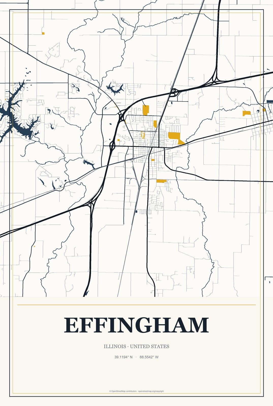 Effingham, Illinois City Map Aluminum Sign in Citrine Modern style