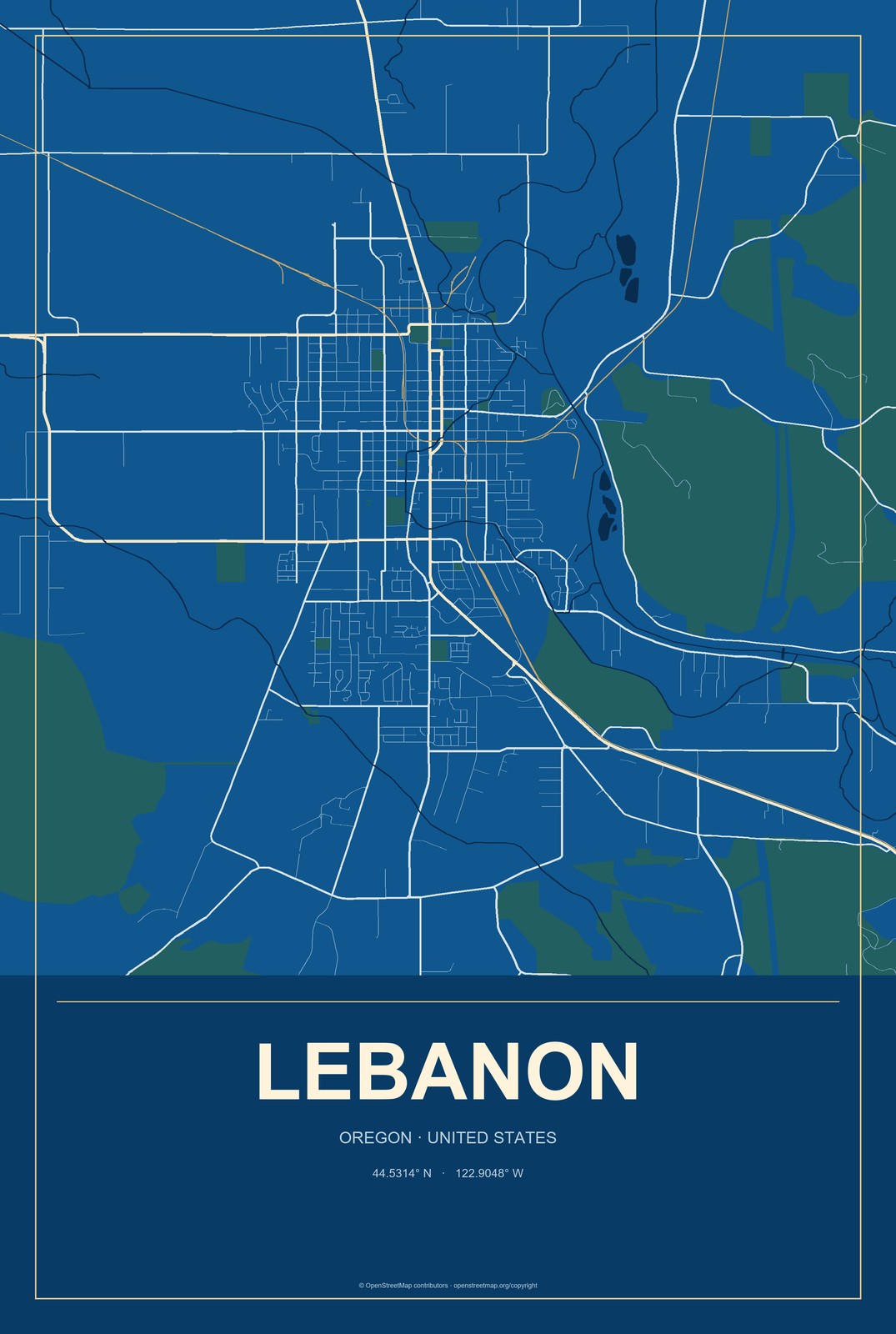 Lebanon, Oregon City Map Aluminum Sign in Harbor Cobalt style